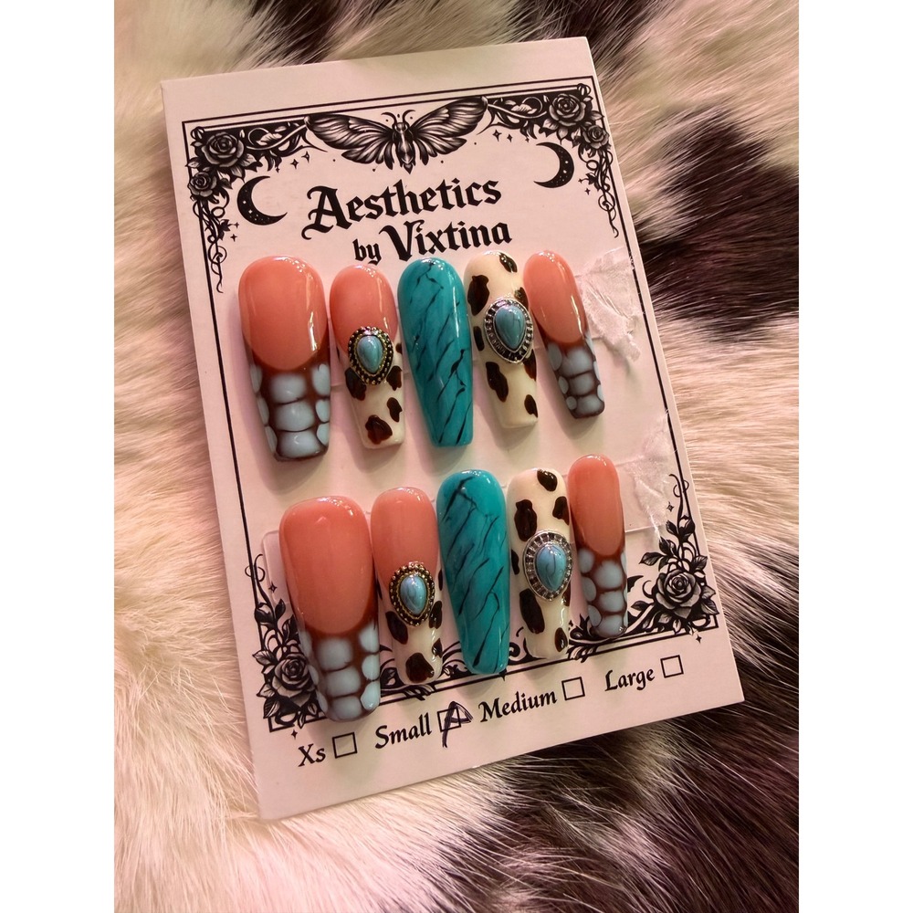 Aesthetics by Vixtina Western Cow Print Turquoise Press On Nails Small Coffin